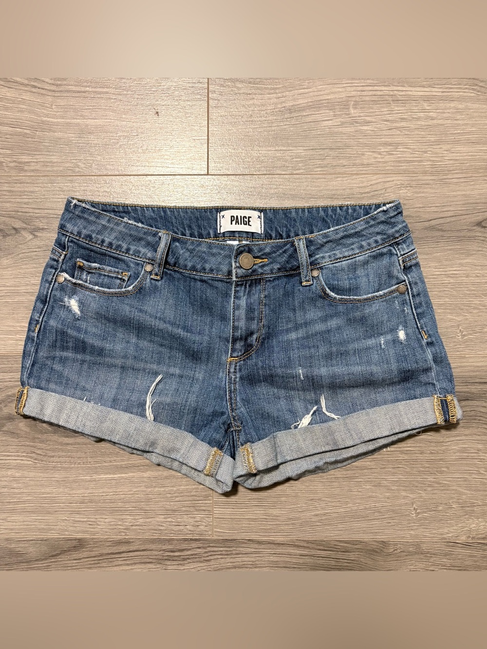 PAIGE Medium Blue Distressed Rolled-Hem Denim Shorts